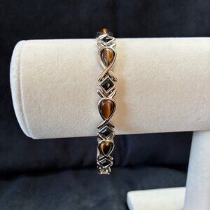 Bracelet - silver tone with black and brown stones, expandable links